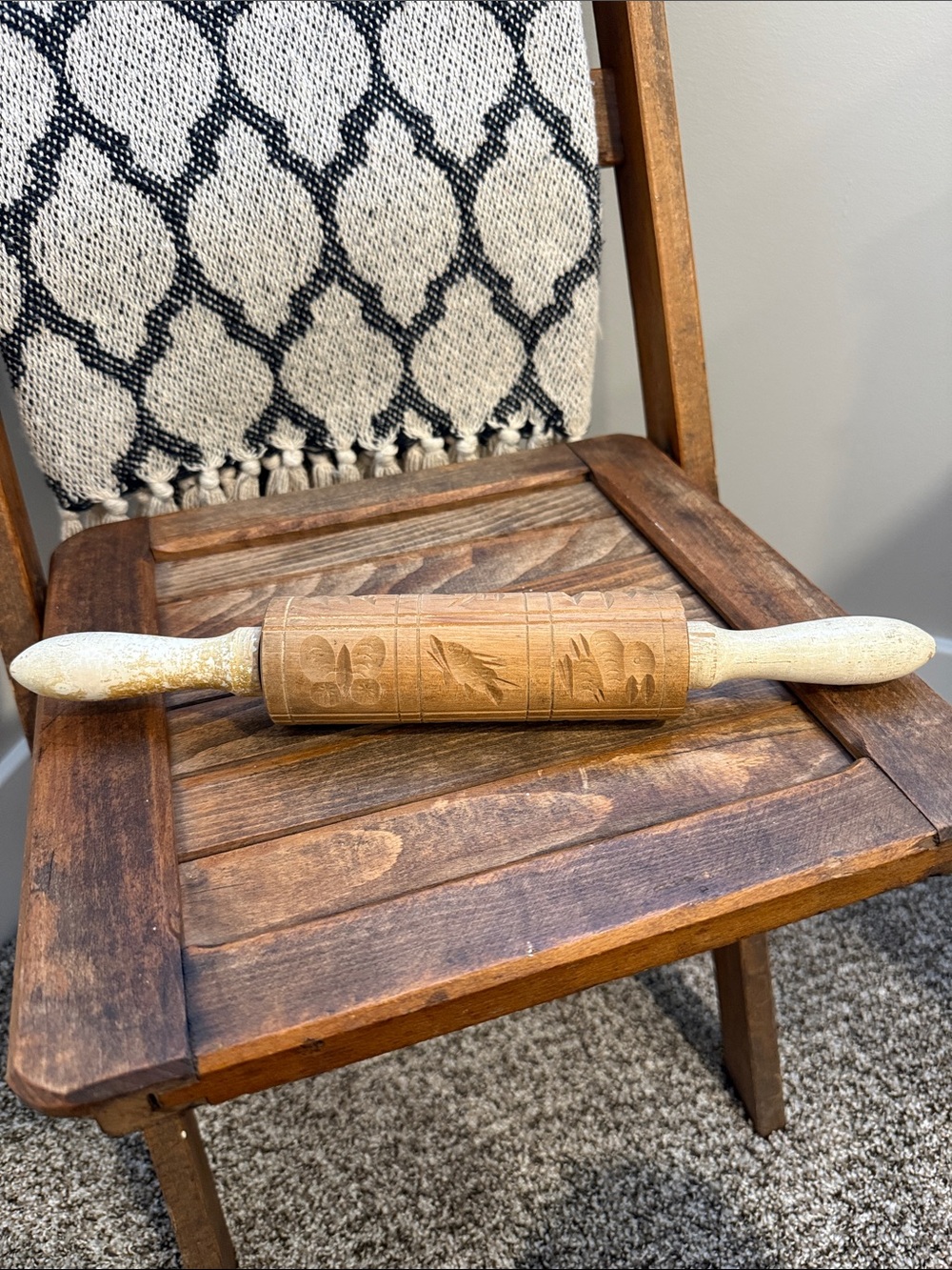 Vintage Embossed Wood Rolling Pin Carved Fruit Design Farmhouse Kitchen Decor